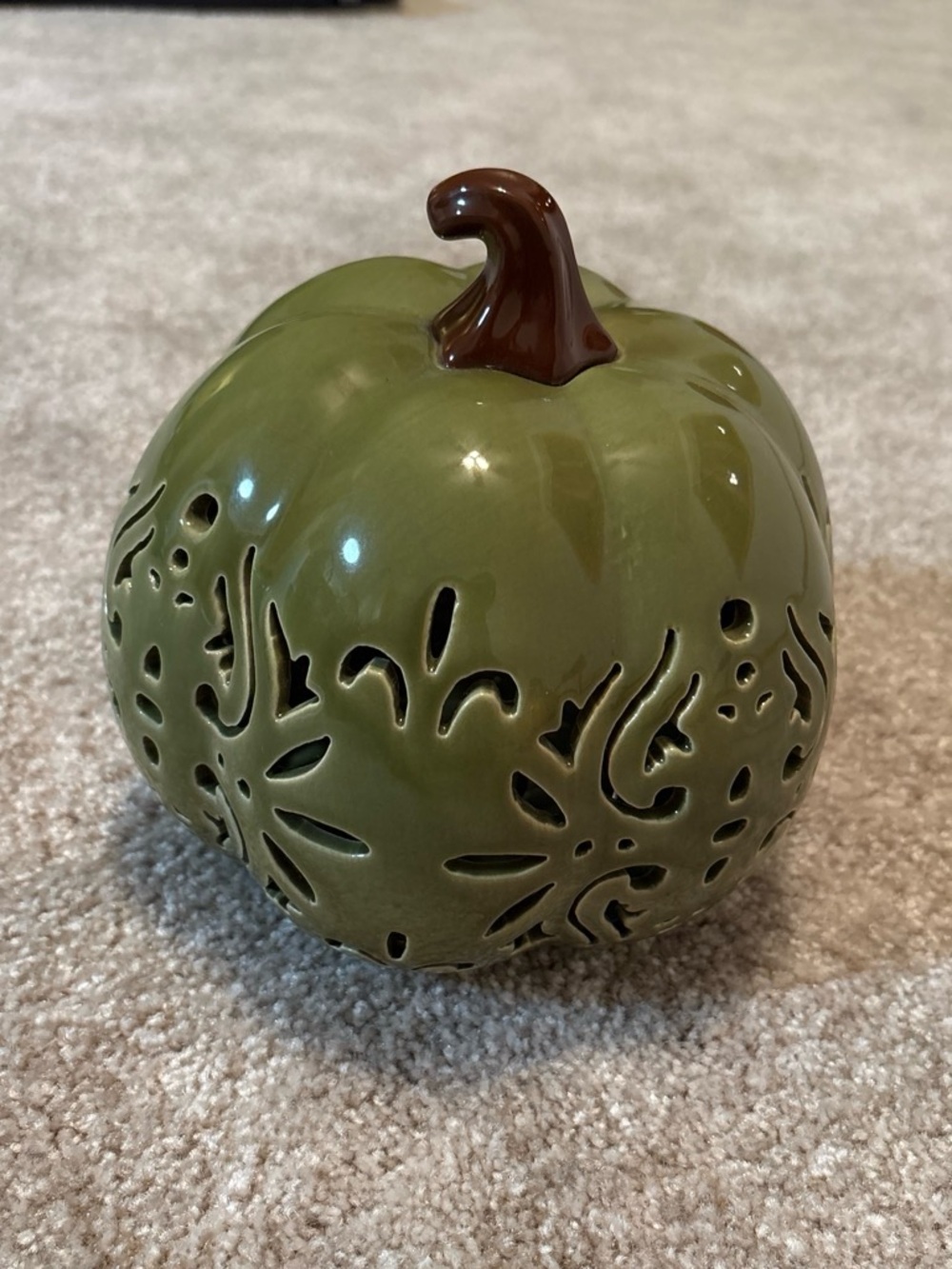Green Ceramic Pumpkin Lantern with Brown Stem